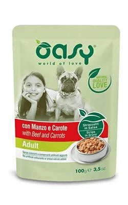 mangime umido per cani OASY DOG STRACCETTI BUSTA MANZO/CAROTE 22 X GR 100