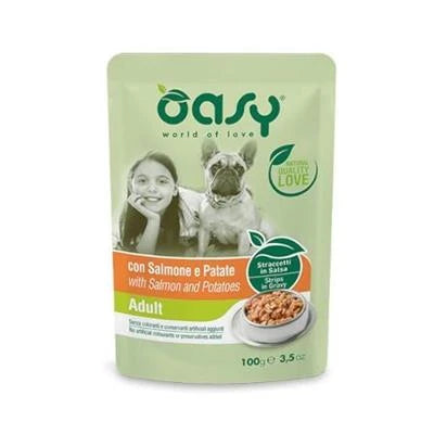 mangime umido per cani OASY DOG STRACCETTI BUSTA SALMONE/PATATE 22 X GR 100