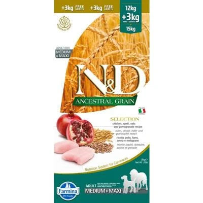 MANGIME SECCO PER CANI ND DOG ANCESTRAL SELECTION MEDIUM/MAXI POLLO/MELOGRANO KG 15