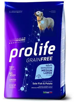 MANGIME SECCO PER CANI PROLIFE DOG GRAIN FREE MEDIUM/LARGE SOGLIOLA/PATATE KG 10