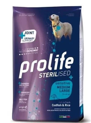 MANGIME SECCO PER CANI PROLIFE DOG STERILIZED SENSITIVE MEDIUM/LARGE MERLUZZO/RISO KG 2,5