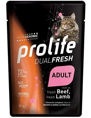Cibo Umido Per Gatti PROLIFE CAT UM DUAL BUSTE AGNELLO/MANZO 12 X GR 85 NEW