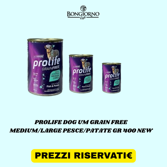 mangime umido per cani PROLIFE DOG UM GRAIN FREE MEDIUM/LARGE PESCE/PATATE GR 400 NEW