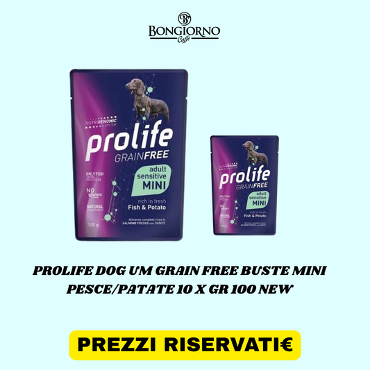 mangime umido per cani PROLIFE DOG UM GRAIN FREE BUSTE MINI PESCE/PATATE 10 X GR 100 NEW